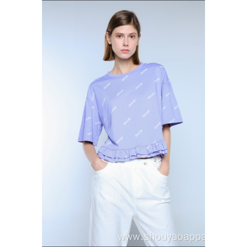 LADIES CROPPED PRINT T-SHIRT WITH FRILLS